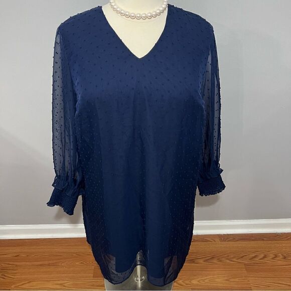 Draper James Navy Swiss Dot Sheer Elasticized‎ Sleeve Dress -- 2X - Picture 5 of 14